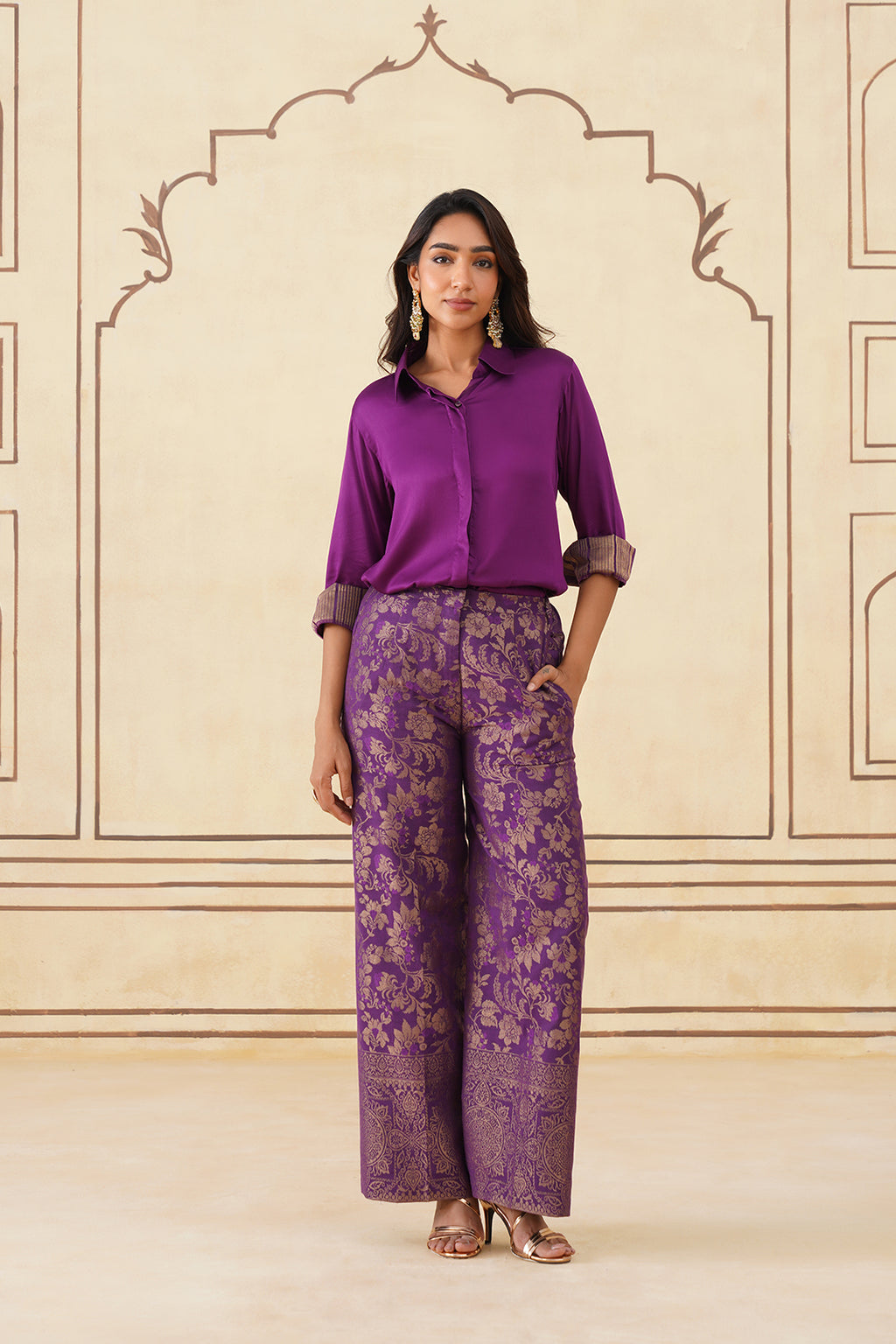 Stylish Wine Shirt with Golden Brocade Pants