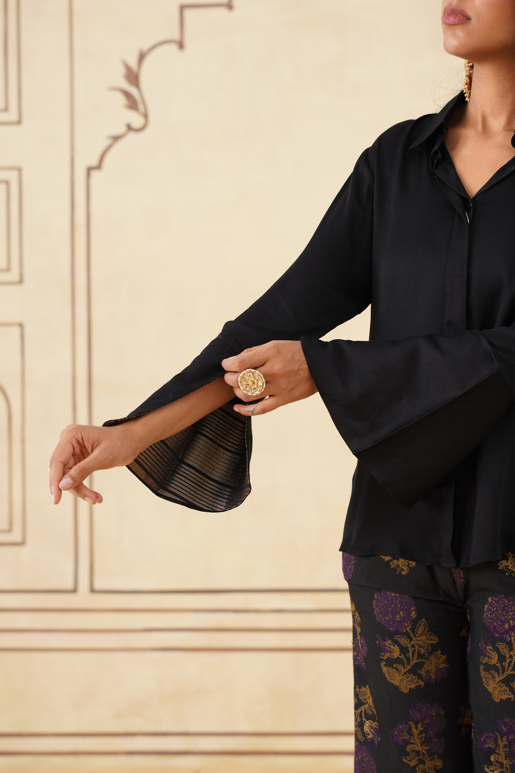 Elegant Meher Black Shirt with Brocade Trousers