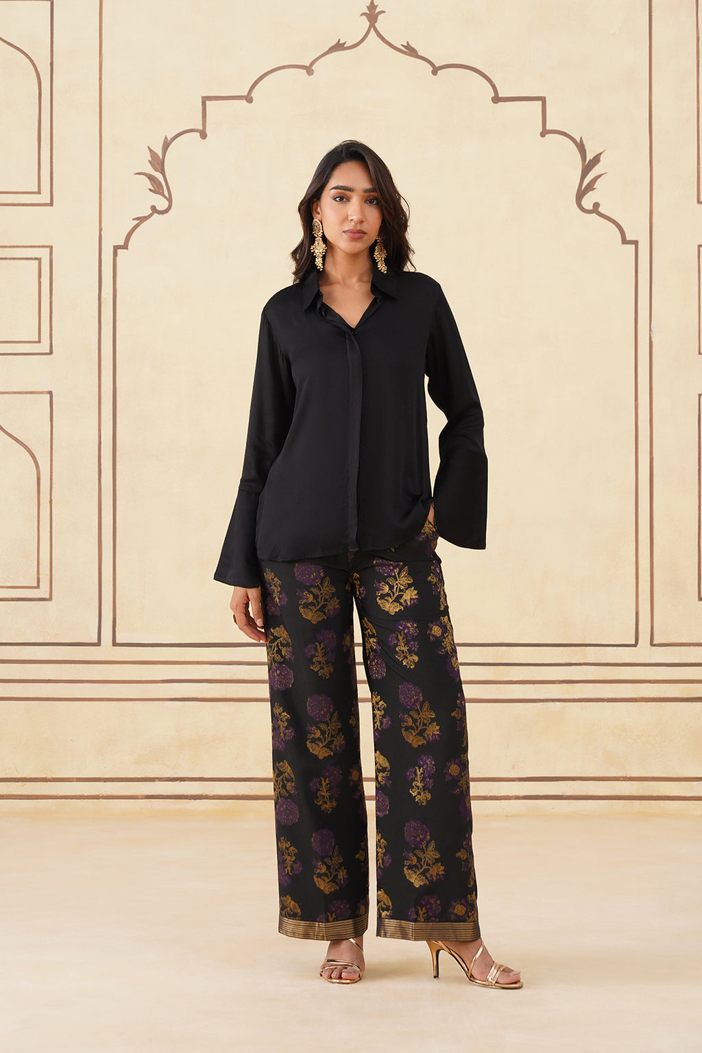 Elegant Meher Black Shirt with Brocade Trousers
