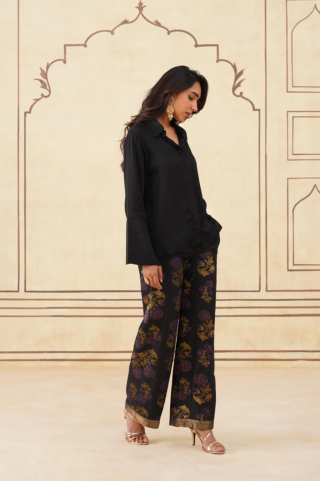 Elegant Meher Black Shirt with Brocade Trousers