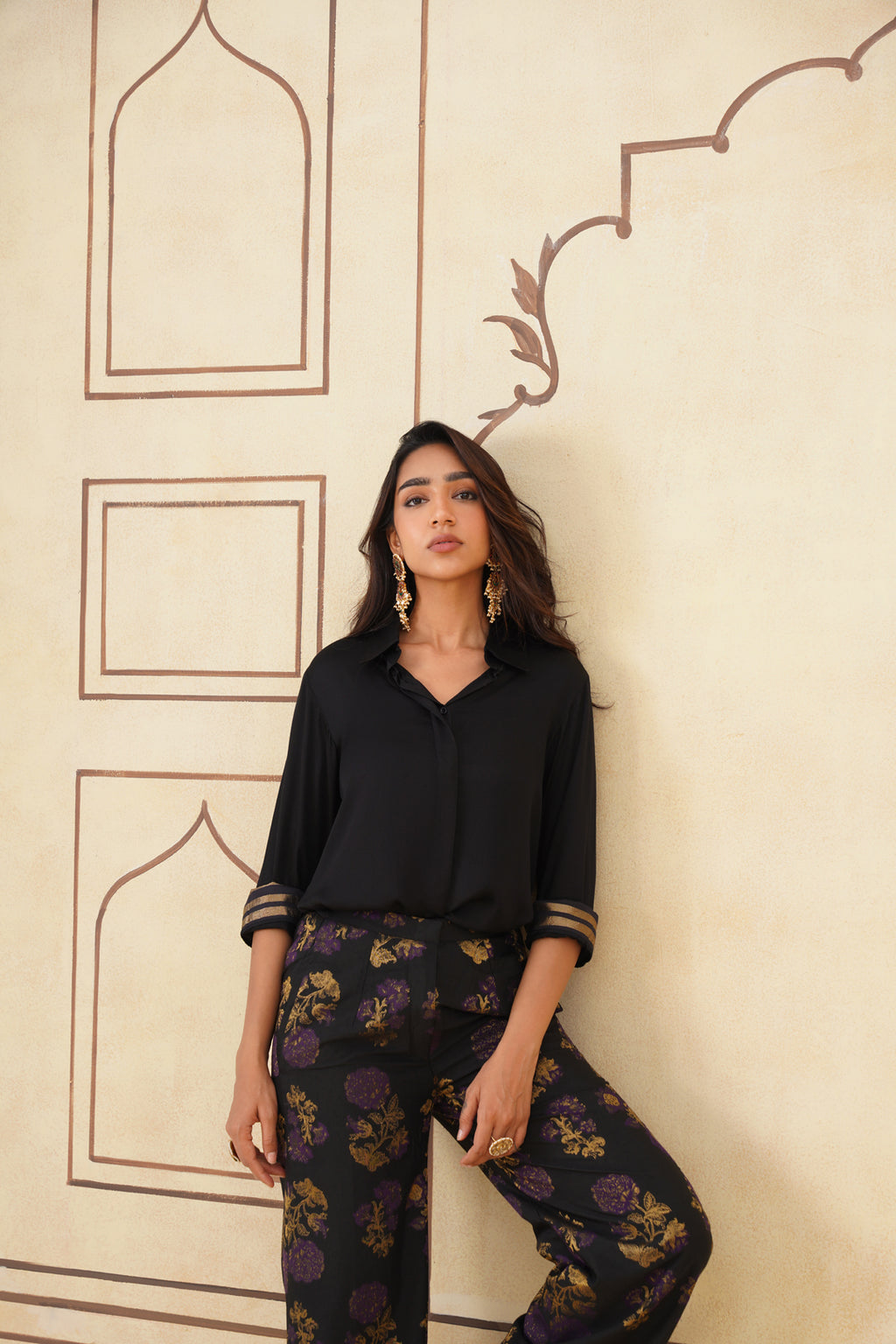 Elegant Meher Black Shirt with Brocade Trousers