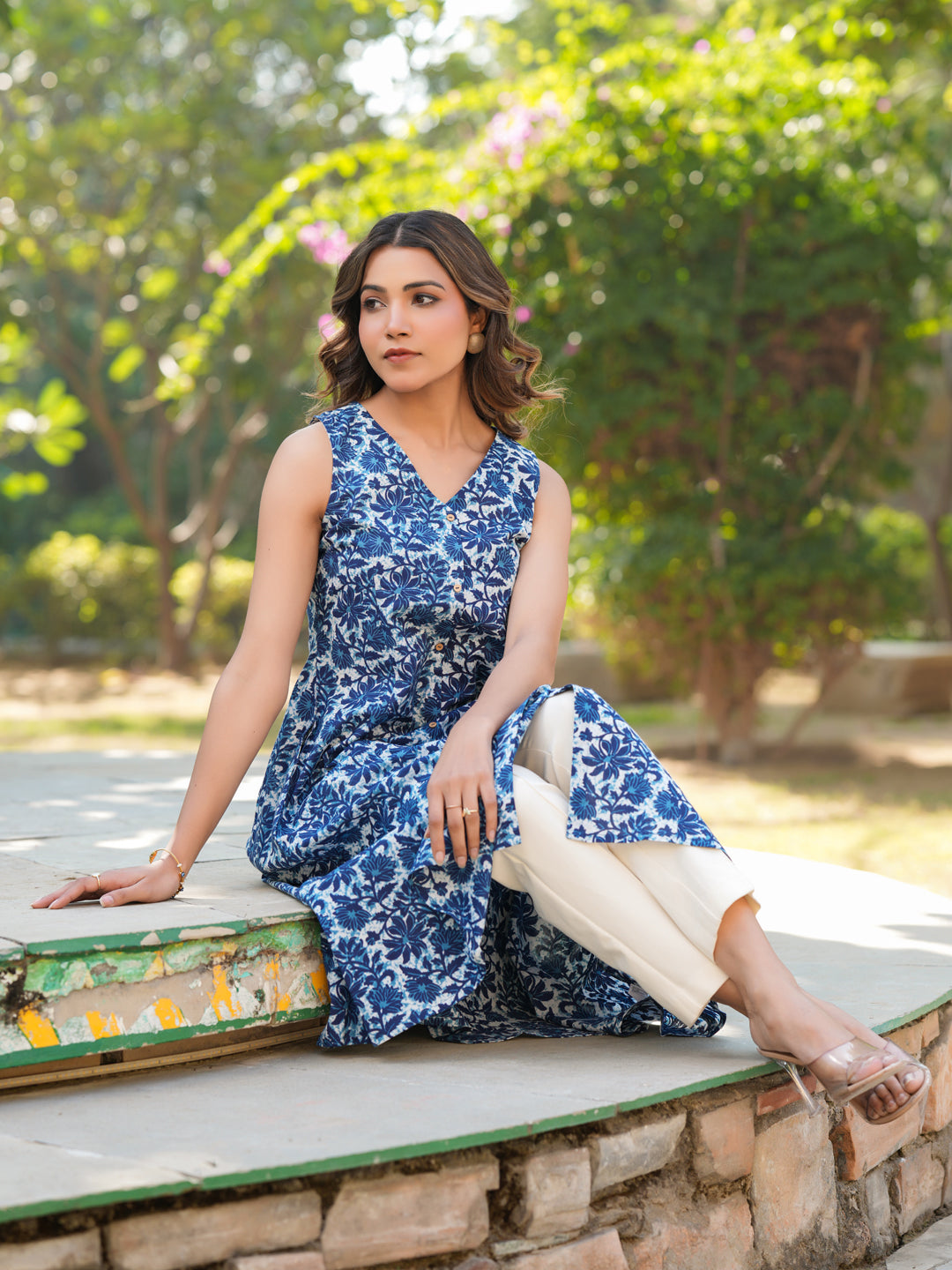Sky Bloom Blue Cotton Floral A-line Kurta