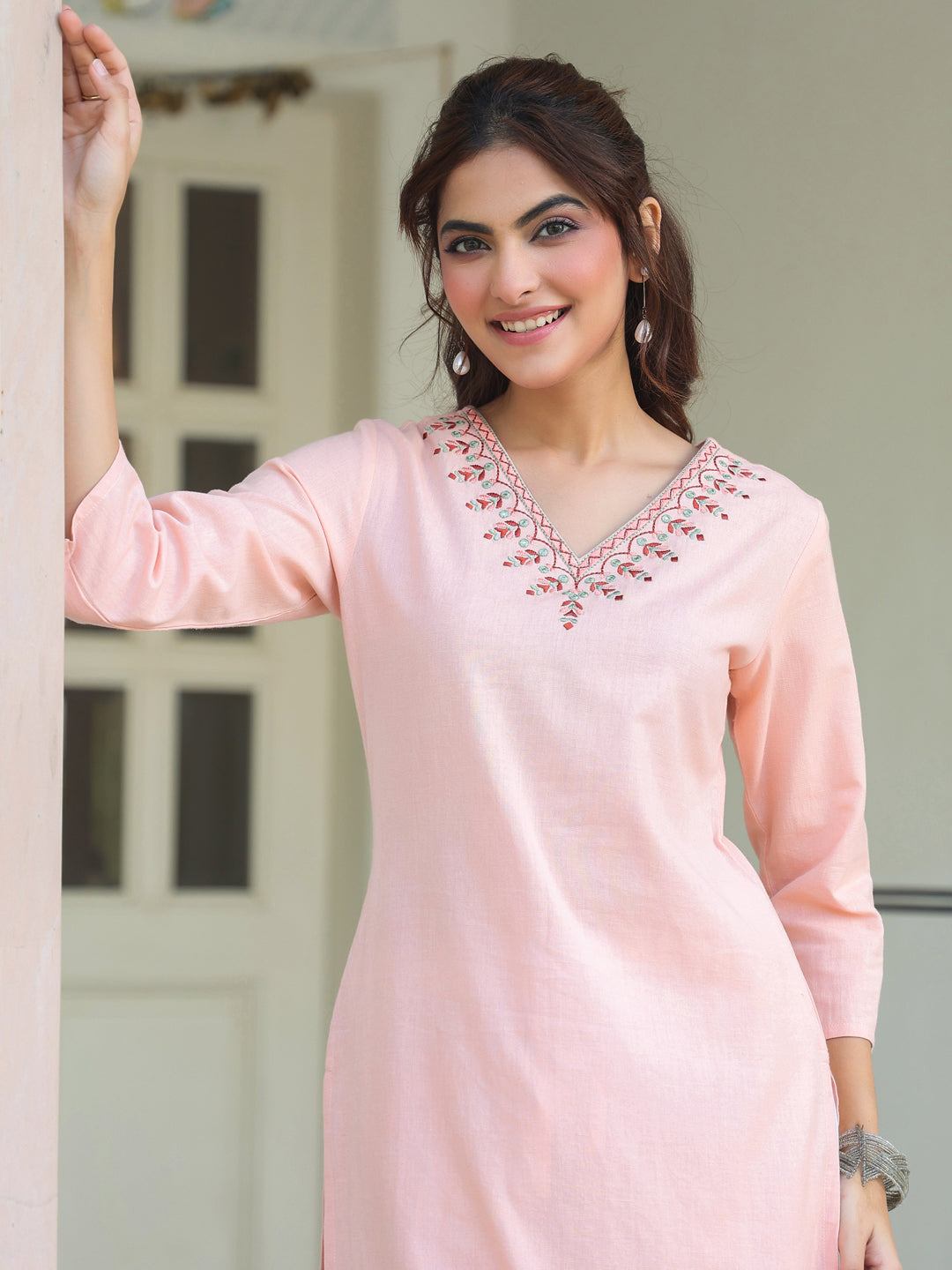 Peach Glow Cotton Embroidered Straight Kurta