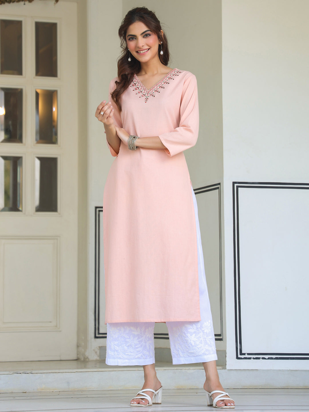Peach Glow Cotton Embroidered Straight Kurta