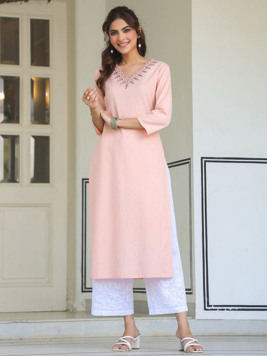 Peach Glow Cotton Embroidered Straight Kurta