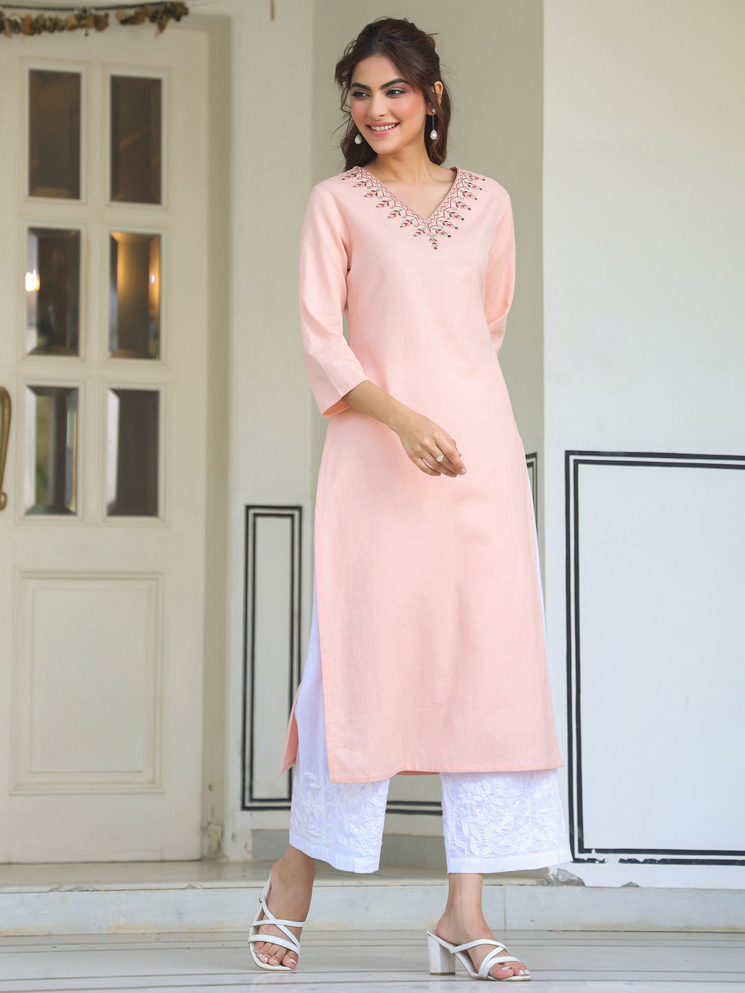 Peach Glow Cotton Embroidered Straight Kurta