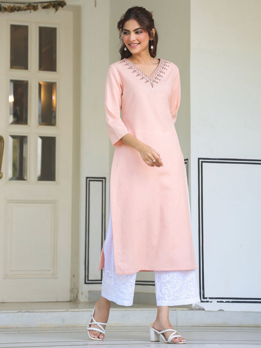 Peach Glow Cotton Embroidered Straight Kurta