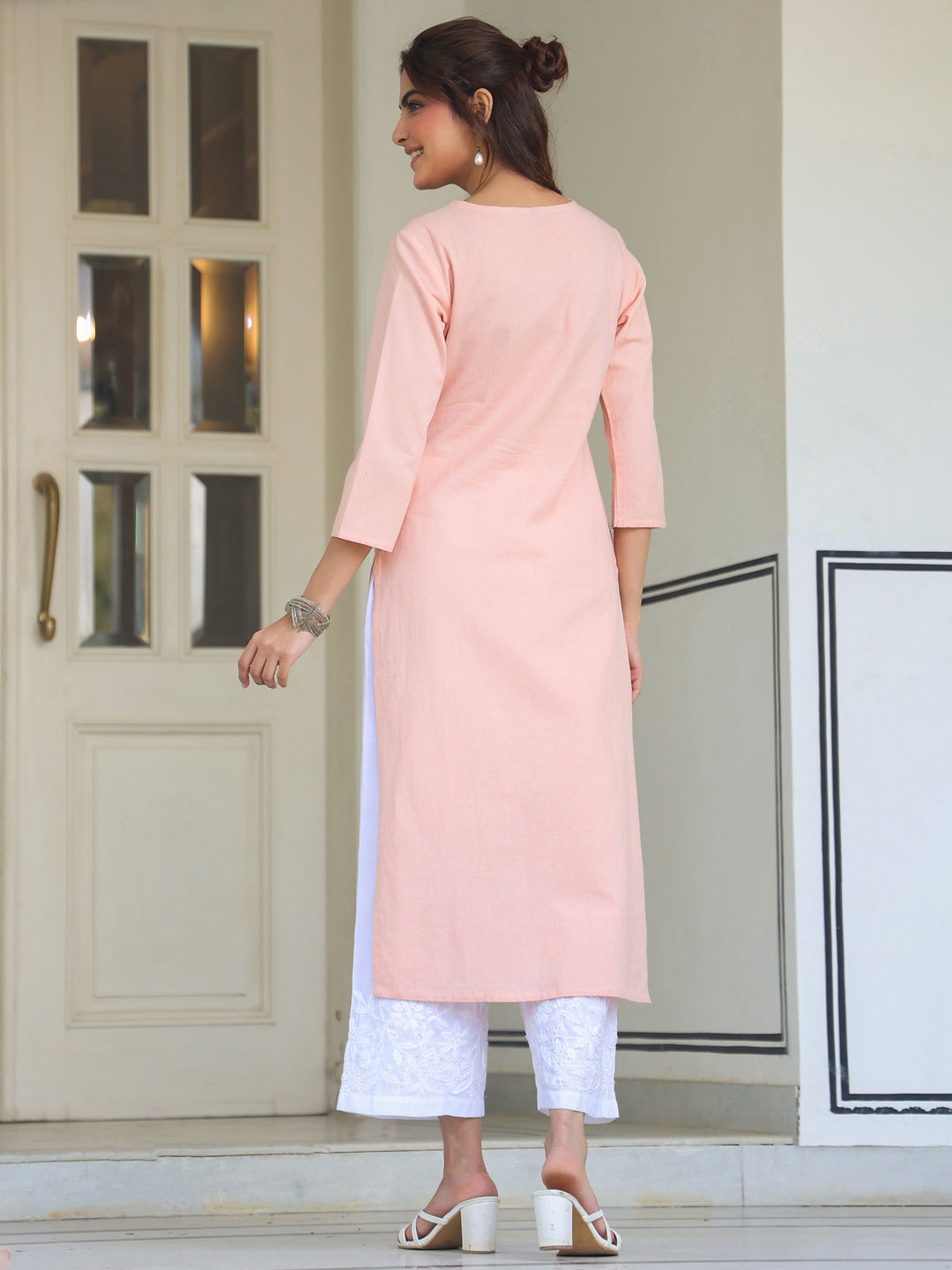 Peach Glow Cotton Embroidered Straight Kurta