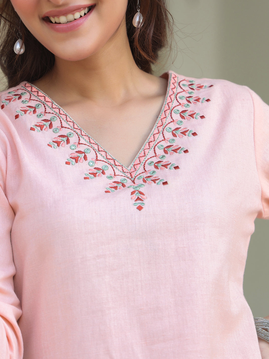 Peach Glow Cotton Embroidered Straight Kurta