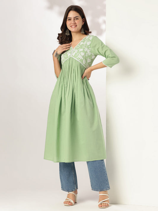 Mint Grace Light Green Cotton Embroidered A-line Kurta