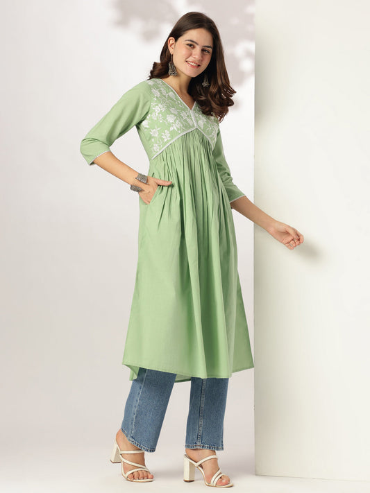 Mint Grace Light Green Cotton Embroidered A-line Kurta