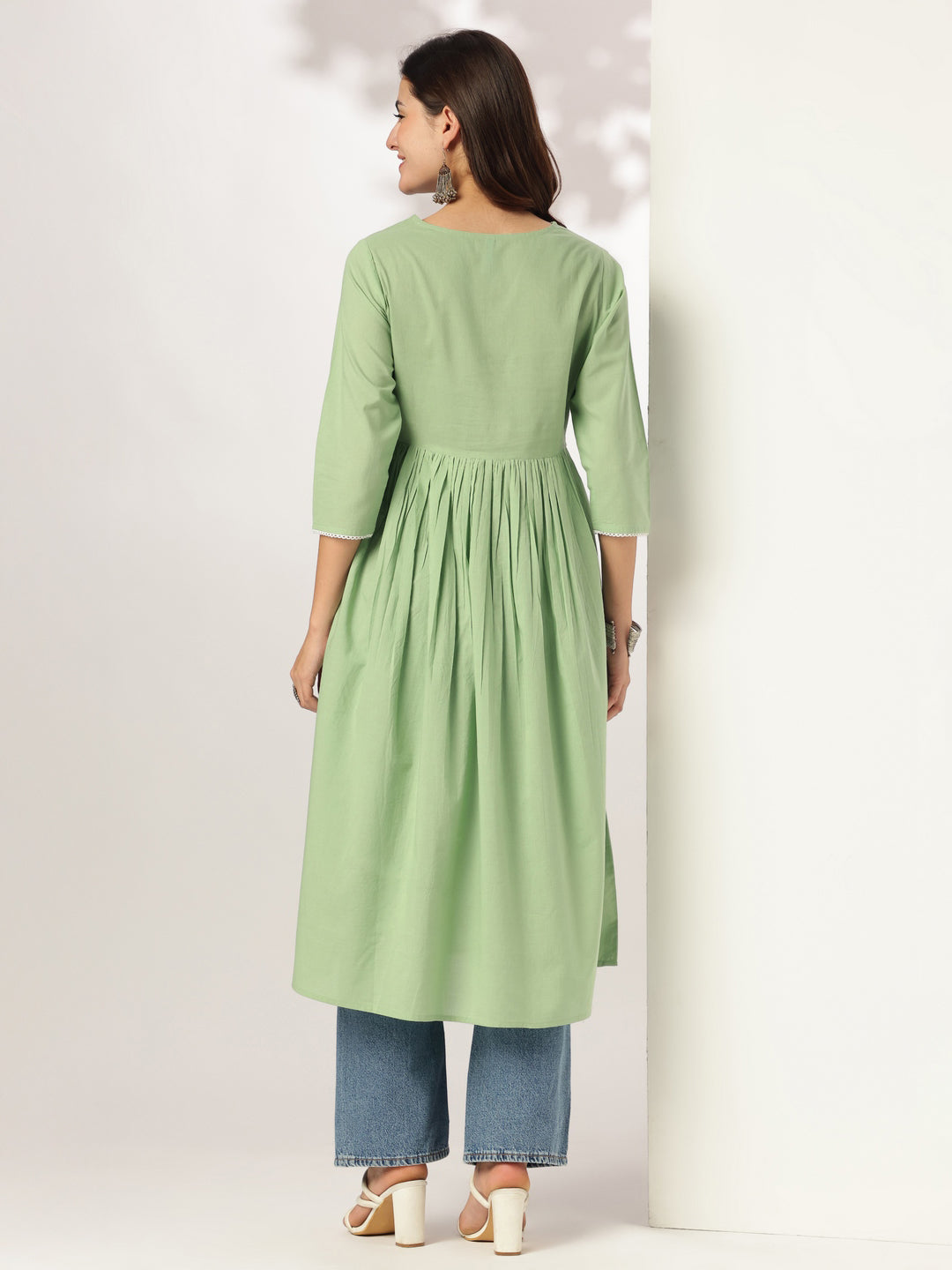 Mint Grace Light Green Cotton Embroidered A-line Kurta