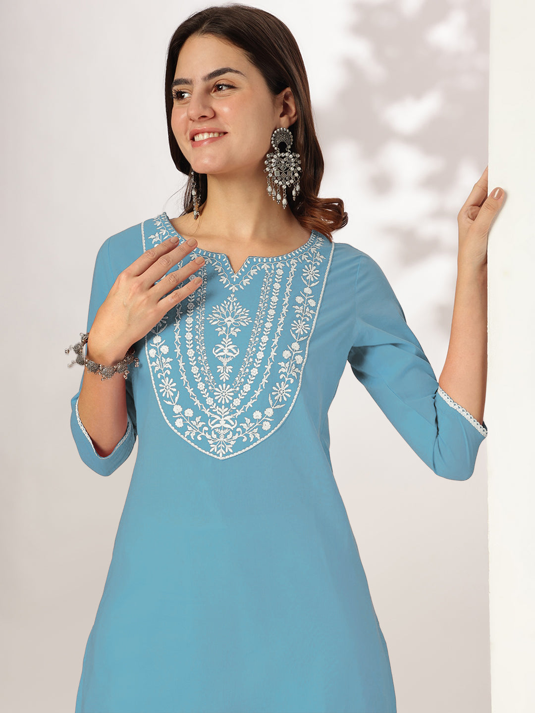 Sky Serenity Light Blue Cotton Embroidered Straight Kurta