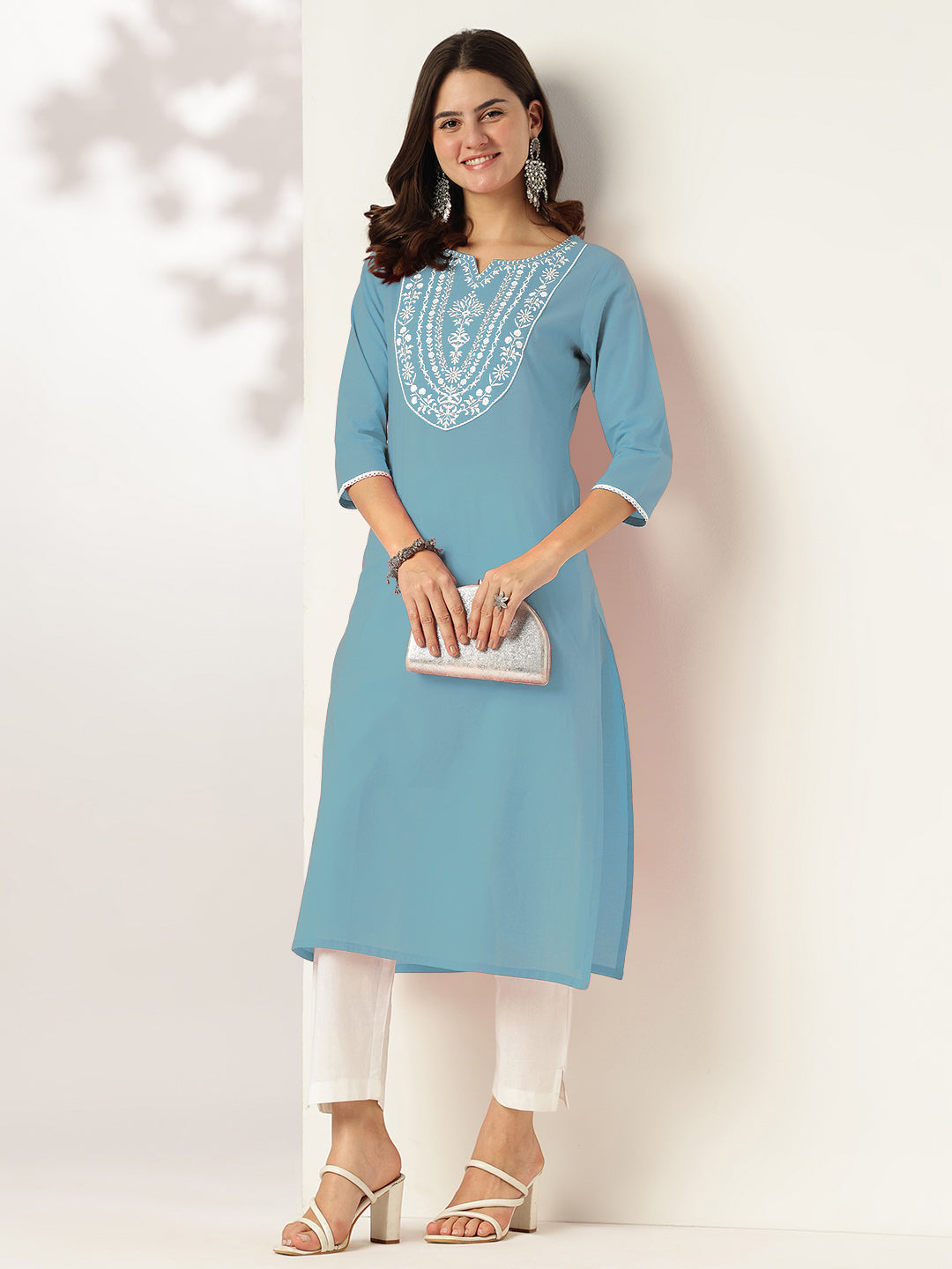 Sky Serenity Light Blue Cotton Embroidered Straight Kurta