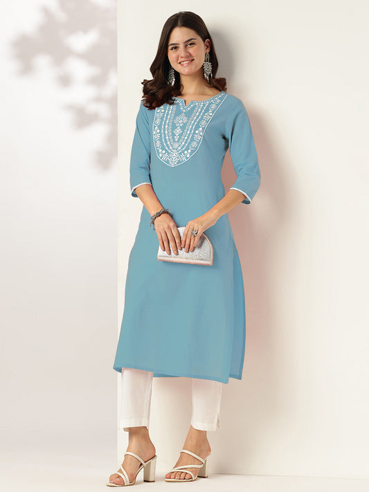 Sky Serenity Light Blue Cotton Embroidered Straight Kurta
