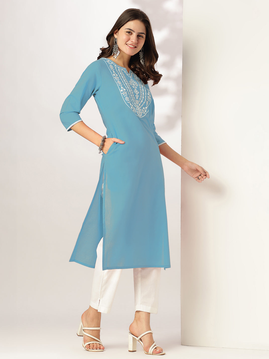 Sky Serenity Light Blue Cotton Embroidered Straight Kurta