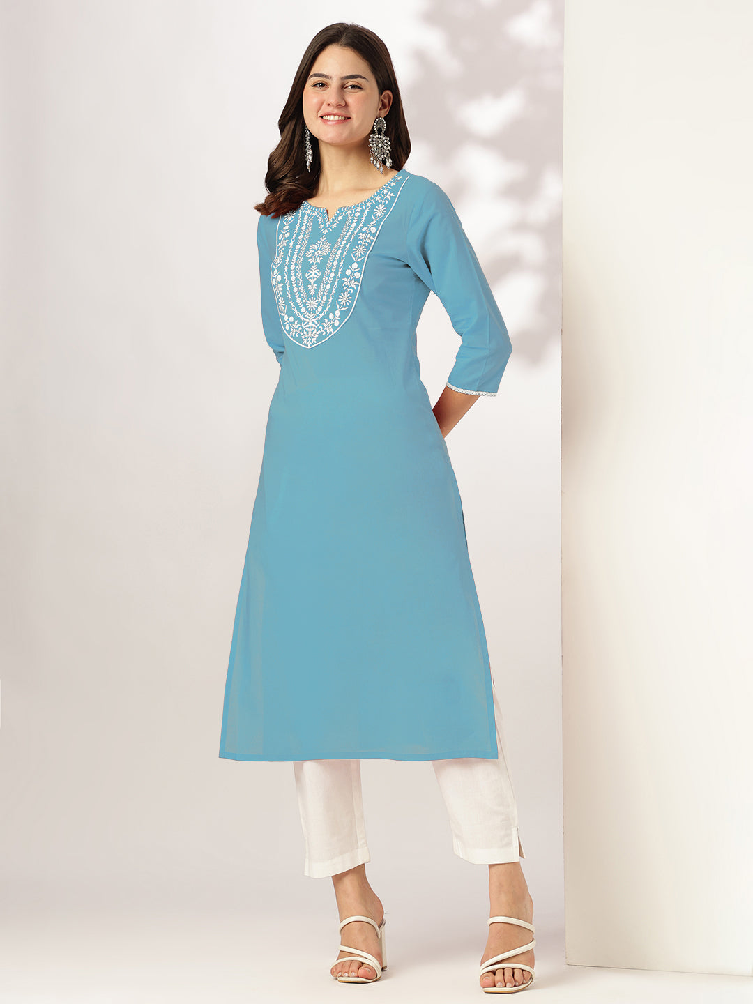 Sky Serenity Light Blue Cotton Embroidered Straight Kurta