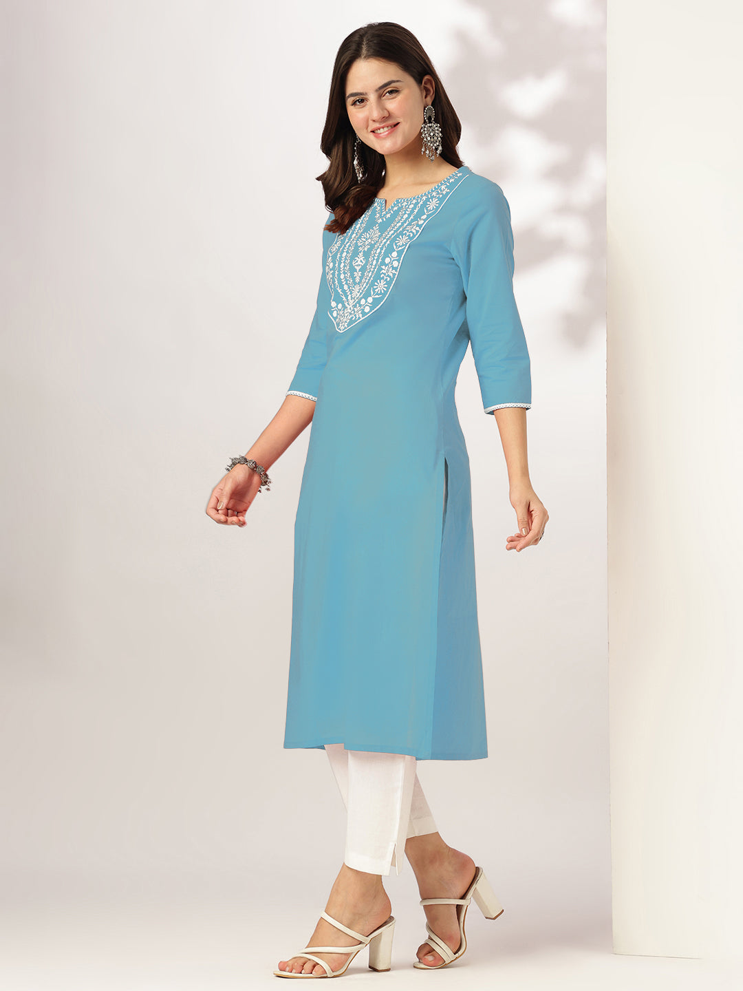 Sky Serenity Light Blue Cotton Embroidered Straight Kurta