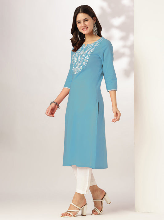 Sky Serenity Light Blue Cotton Embroidered Straight Kurta