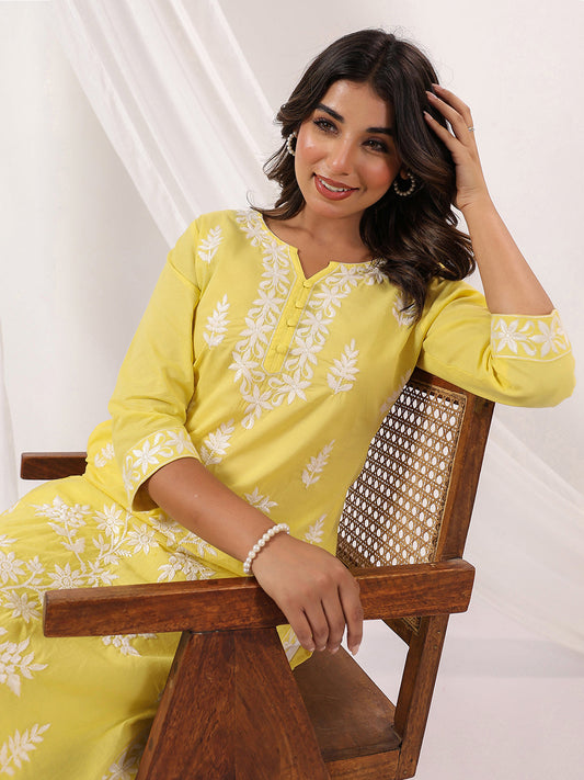 Sunlit Charm Yellow Cotton Embroidered Straight Kurta