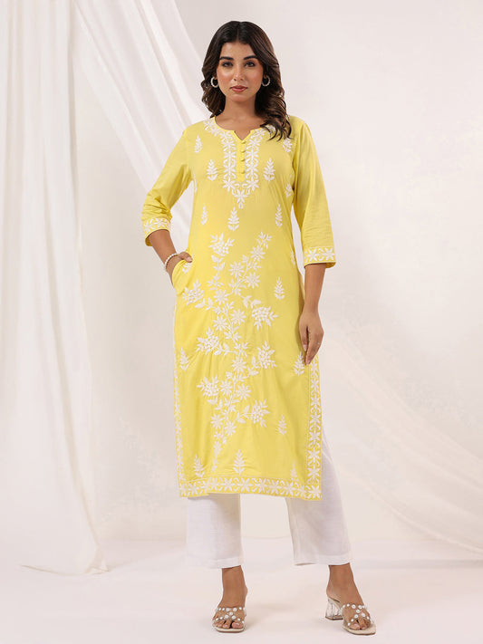 Sunlit Charm Yellow Cotton Embroidered Straight Kurta