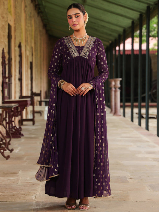 Royal Purple Georgette Foil Print Embellished Kurta with Dupatta
