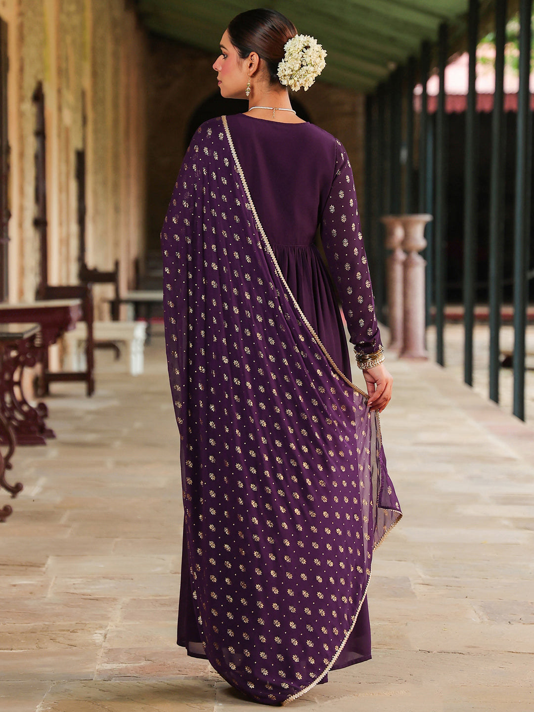 Royal Purple Georgette Foil Print Embellished Kurta with Dupatta