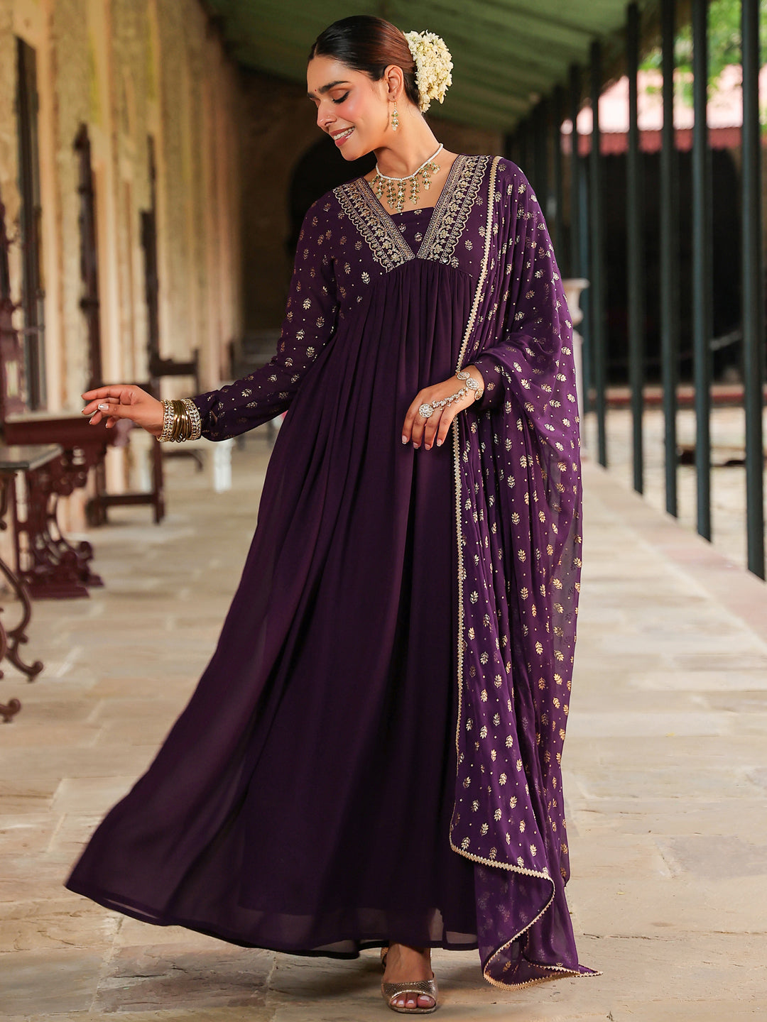 Royal Purple Georgette Foil Print Embellished Kurta with Dupatta