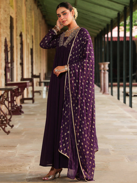 Royal Purple Georgette Foil Print Embellished Kurta with Dupatta