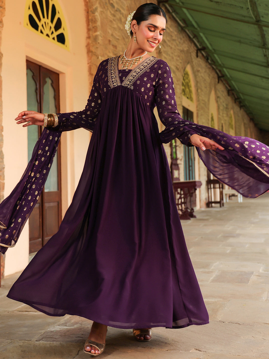 Royal Purple Georgette Foil Print Embellished Kurta with Dupatta