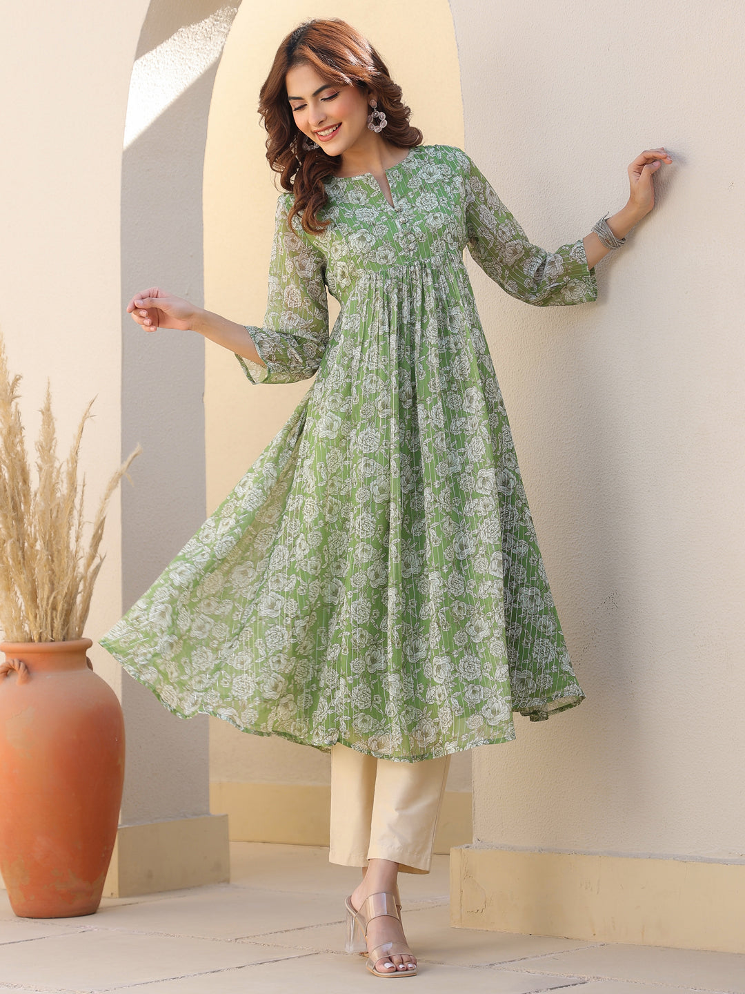 Emerald Glow Green Chiffon Lurex Floral A-line Kurta