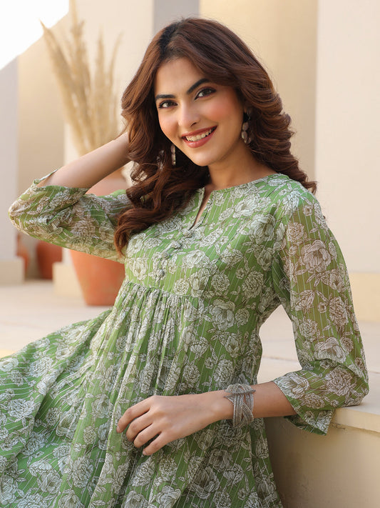 Emerald Glow Green Chiffon Lurex Floral A-line Kurta