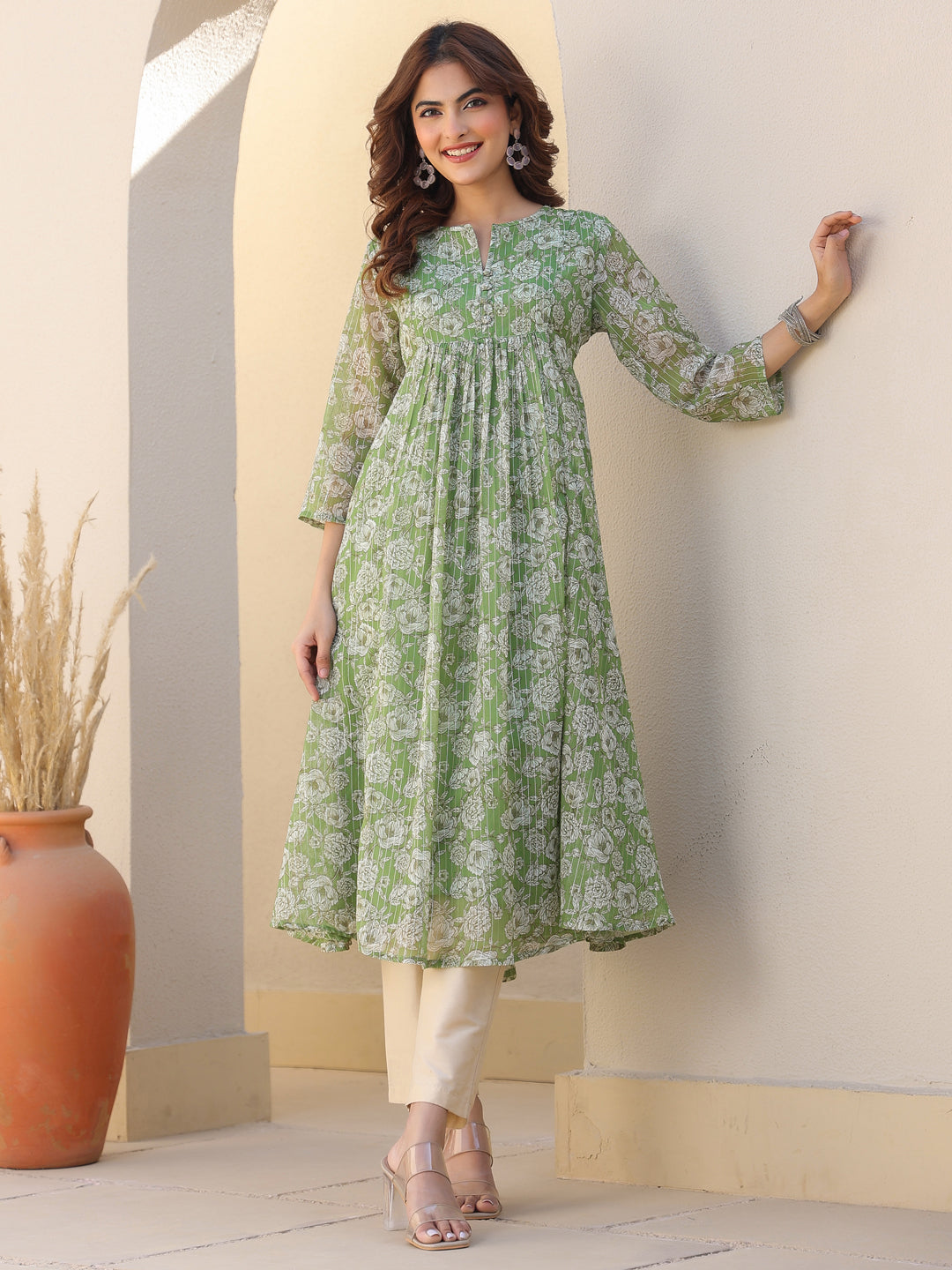 Emerald Glow Green Chiffon Lurex Floral A-line Kurta