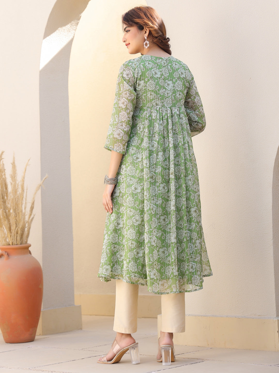 Emerald Glow Green Chiffon Lurex Floral A-line Kurta