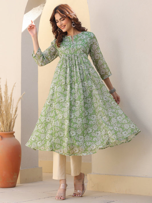 Emerald Glow Green Chiffon Lurex Floral A-line Kurta