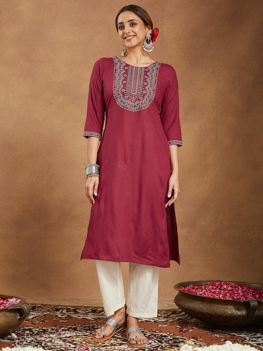 Classic Maroon Straight Kurta with Embroidery