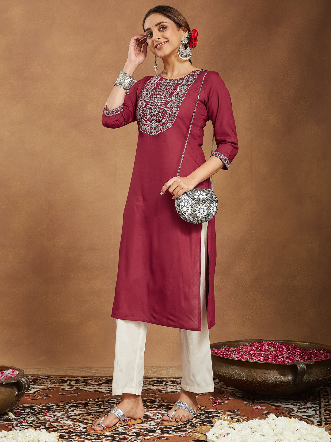 Classic Maroon Straight Kurta with Embroidery