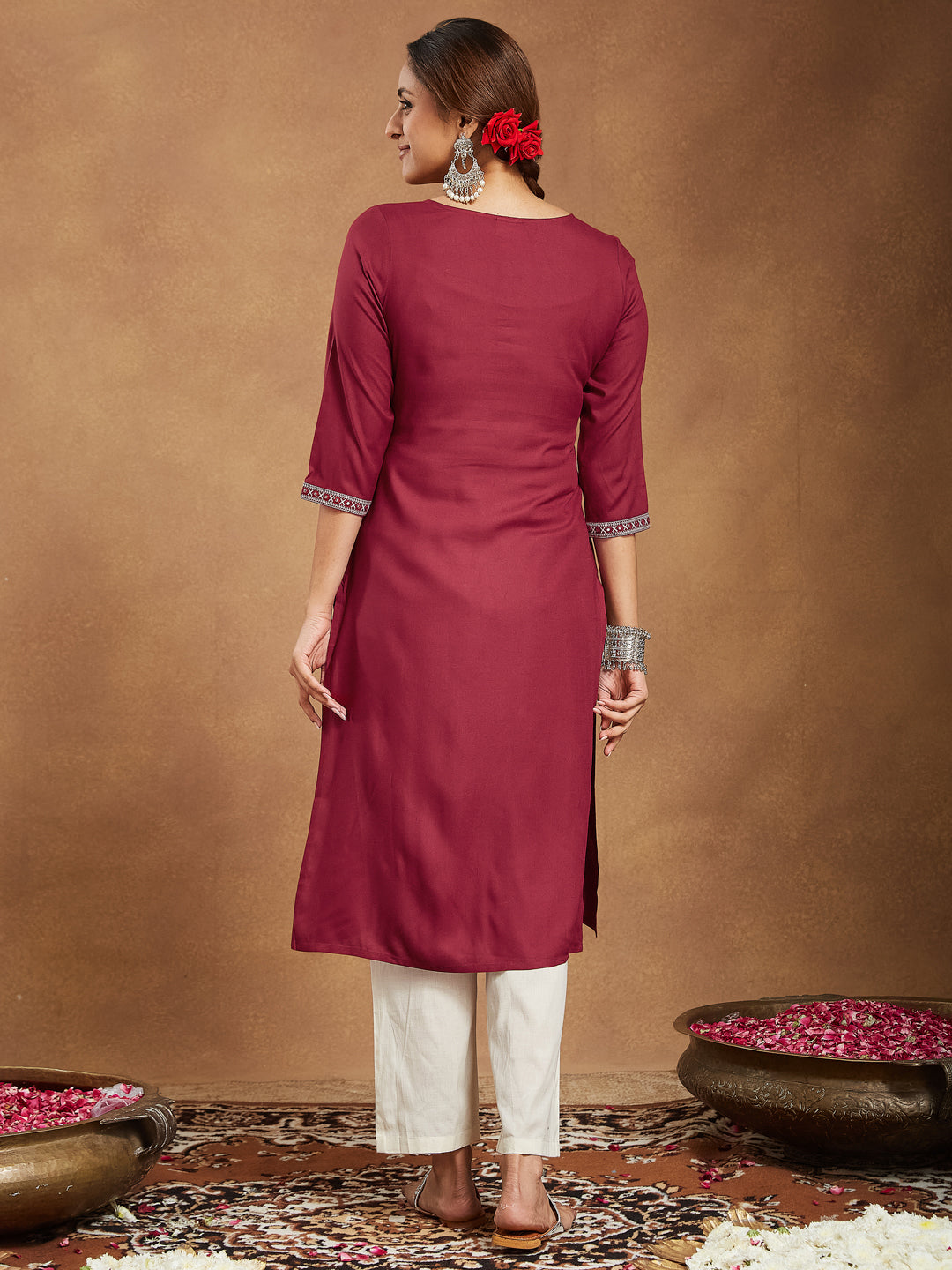 Classic Maroon Straight Kurta with Embroidery