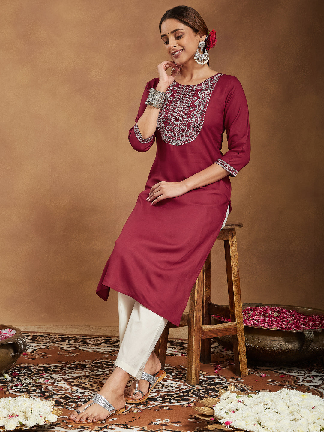 Classic Maroon Straight Kurta with Embroidery