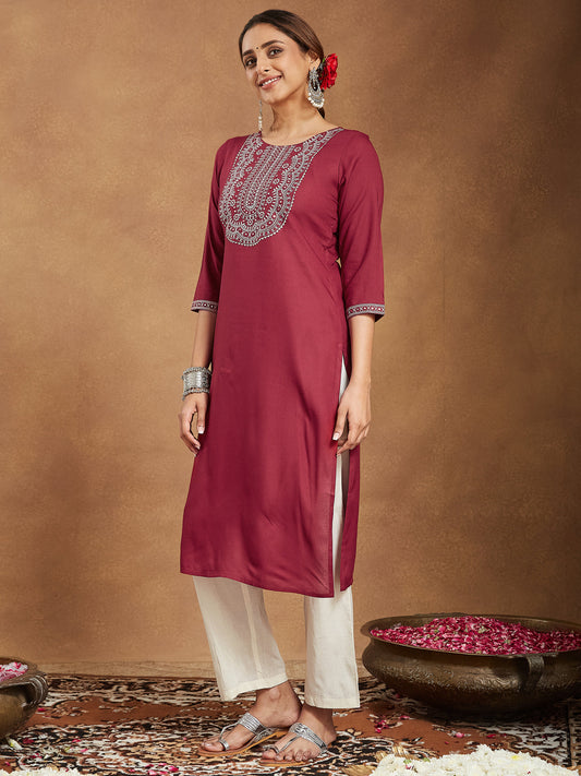 Classic Maroon Straight Kurta with Embroidery