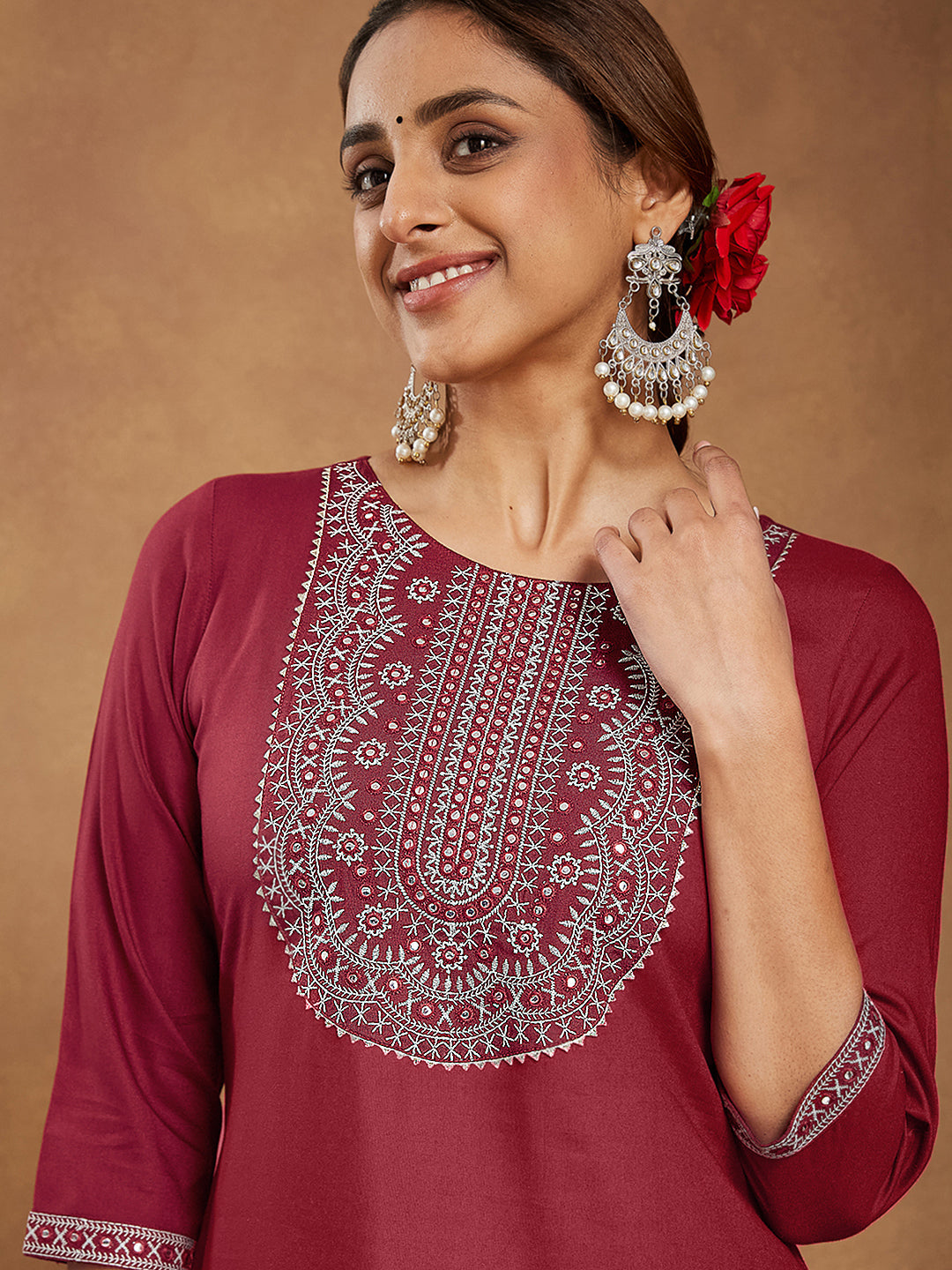 Classic Maroon Straight Kurta with Embroidery