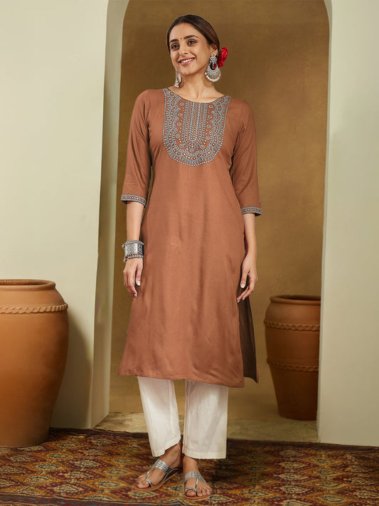 Earthy Elegance Brown Embroidered Rayon Kurta