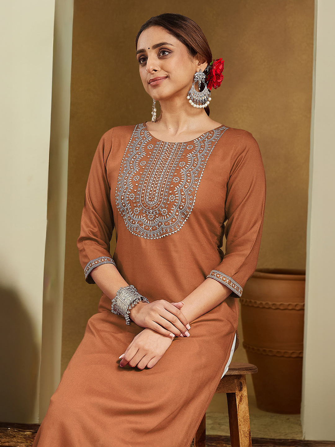 Earthy Elegance Brown Embroidered Rayon Kurta