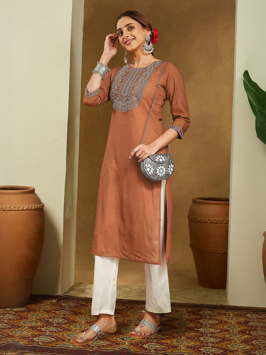 Earthy Elegance Brown Embroidered Rayon Kurta