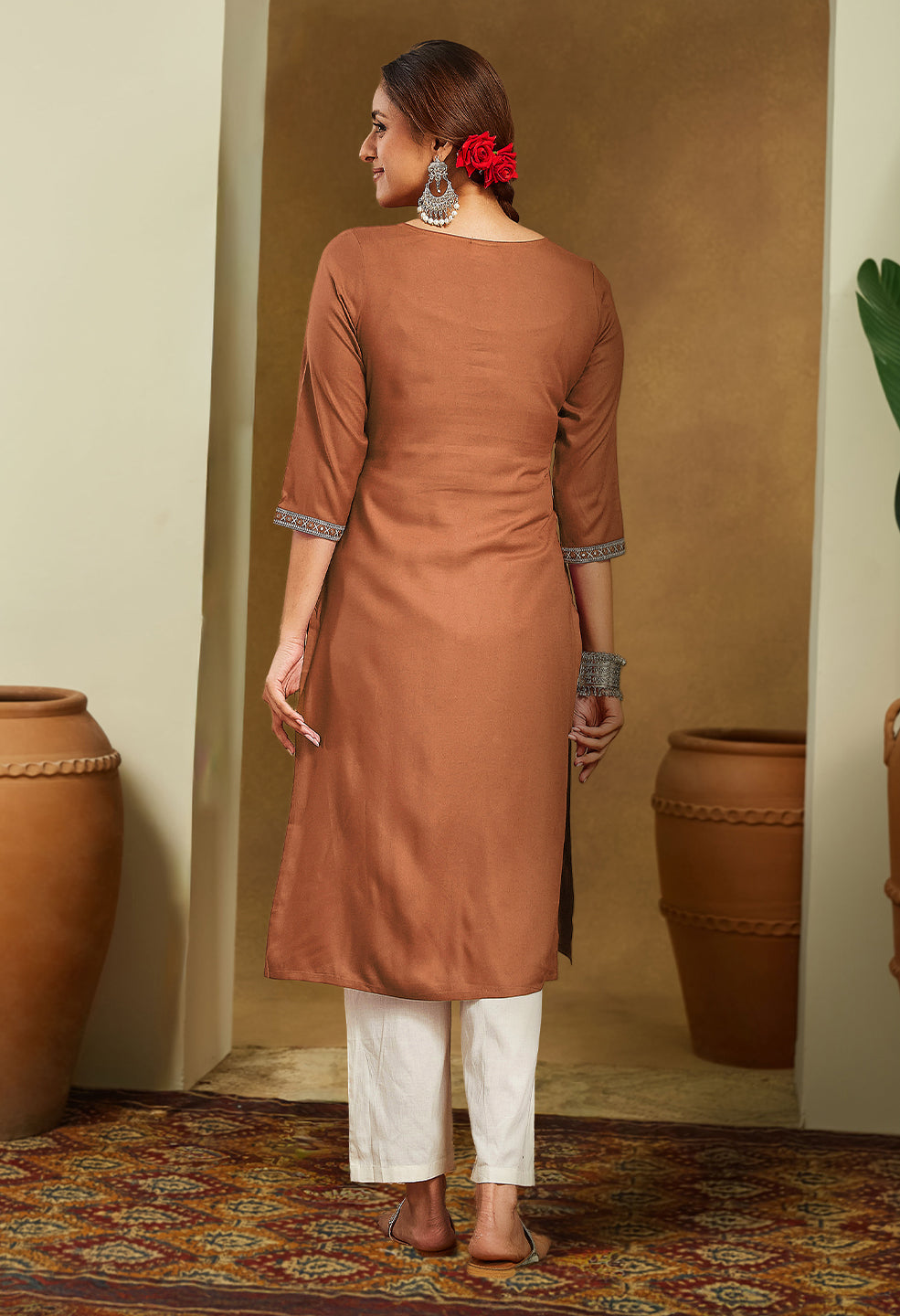 Earthy Elegance Brown Embroidered Rayon Kurta
