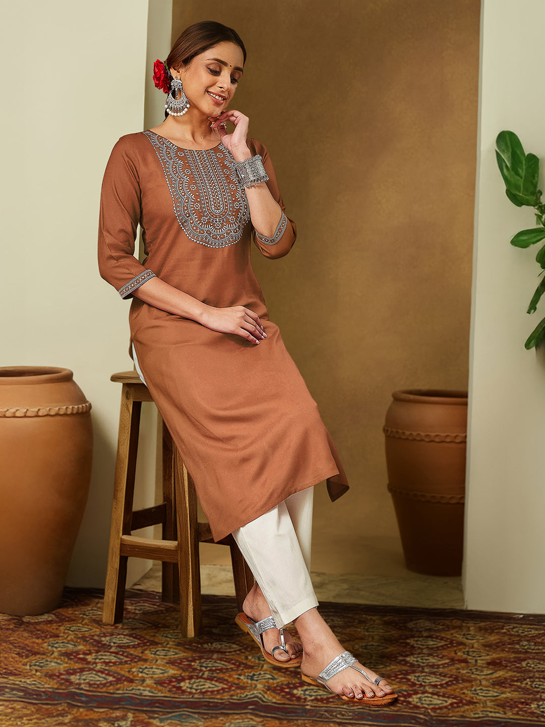Earthy Elegance Brown Embroidered Rayon Kurta
