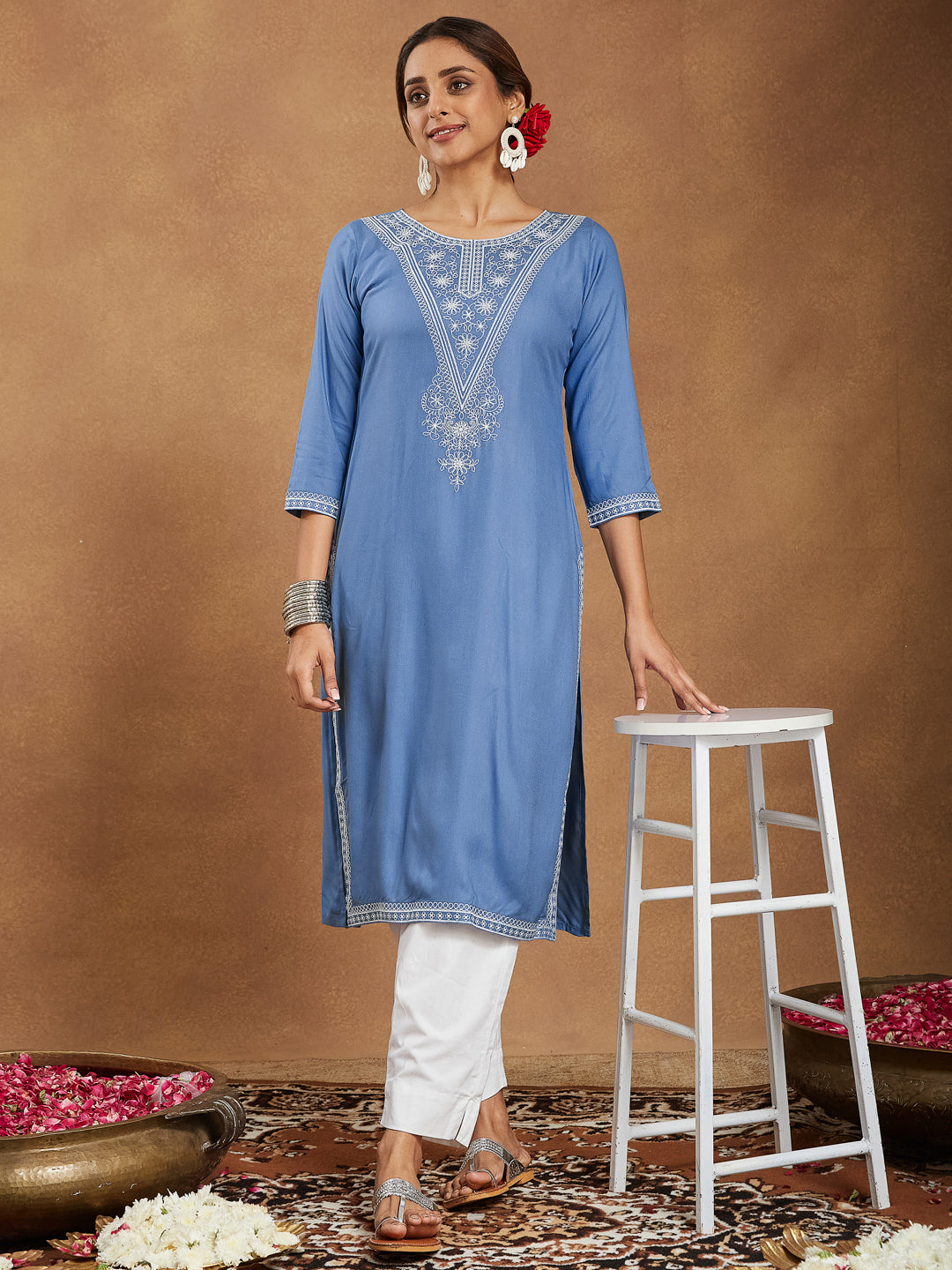 Elegant Sky Blue Embroidered Rayon Kurta for Women
