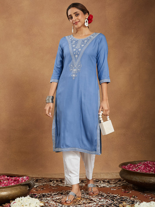 Elegant Sky Blue Embroidered Rayon Kurta for Women