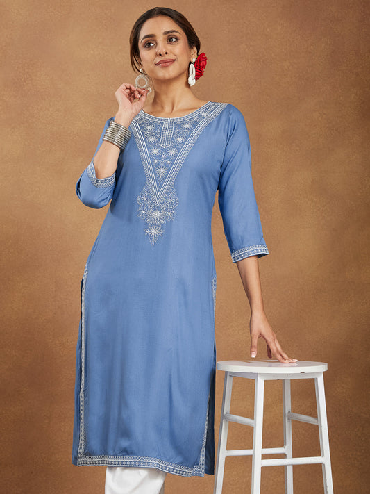 Elegant Sky Blue Embroidered Rayon Kurta for Women