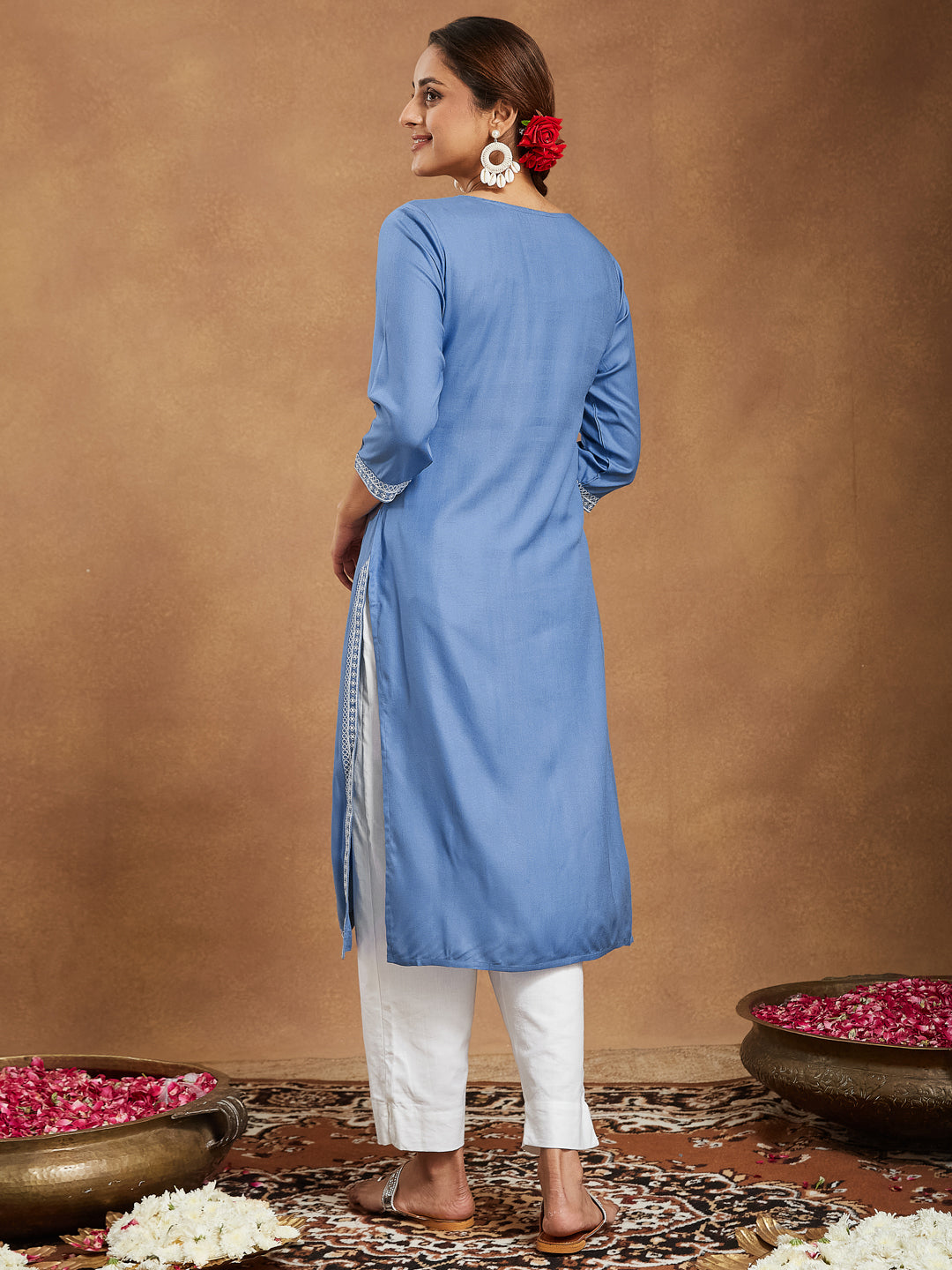 Elegant Sky Blue Embroidered Rayon Kurta for Women